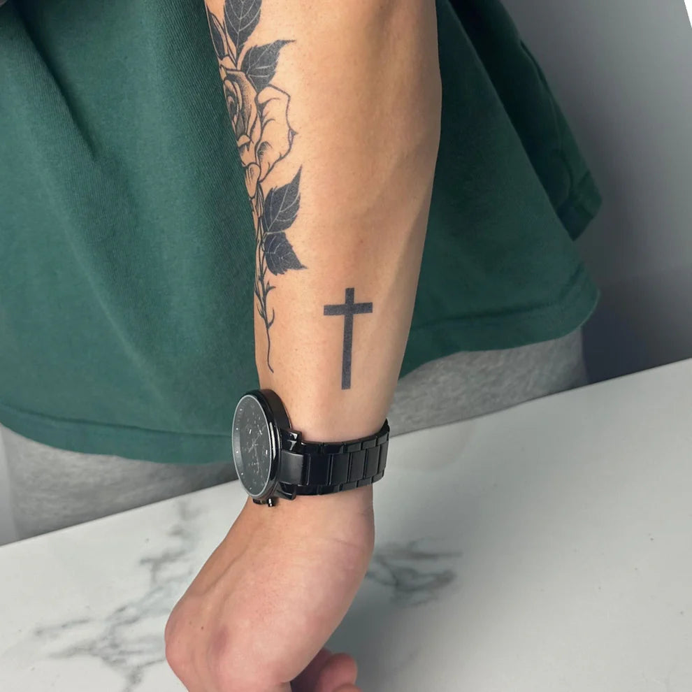Plain Cross Half Arm Semi Permanent Tattoos