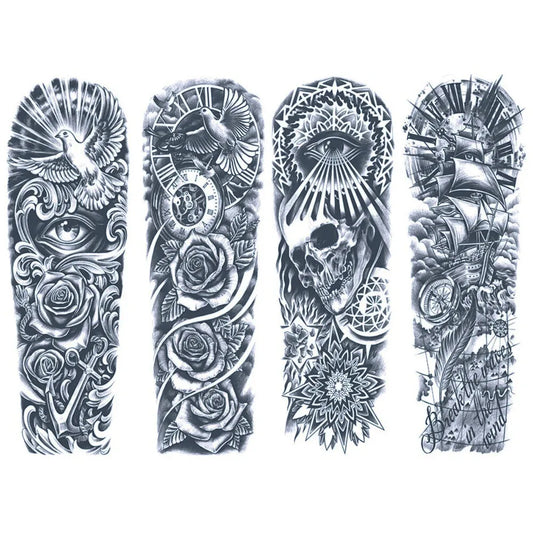 4 Blätter Taubenschädel Schiff Viking Halbpermanente Ärmel Tattoos 