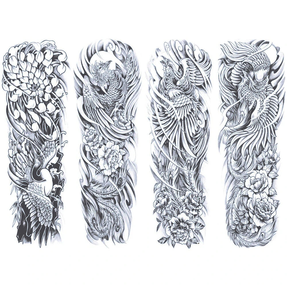 4 Sheets Flower Crane Fish Style 2 Semi Permanent Sleeve Tattoos