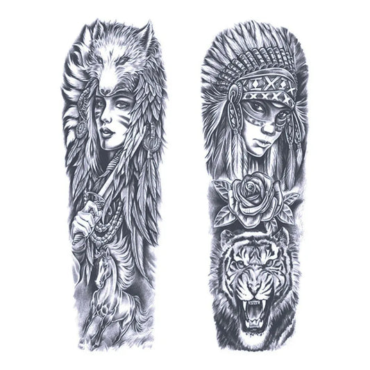 2 Sheets Native American Woman Semi Permanent Sleeve Tattoos