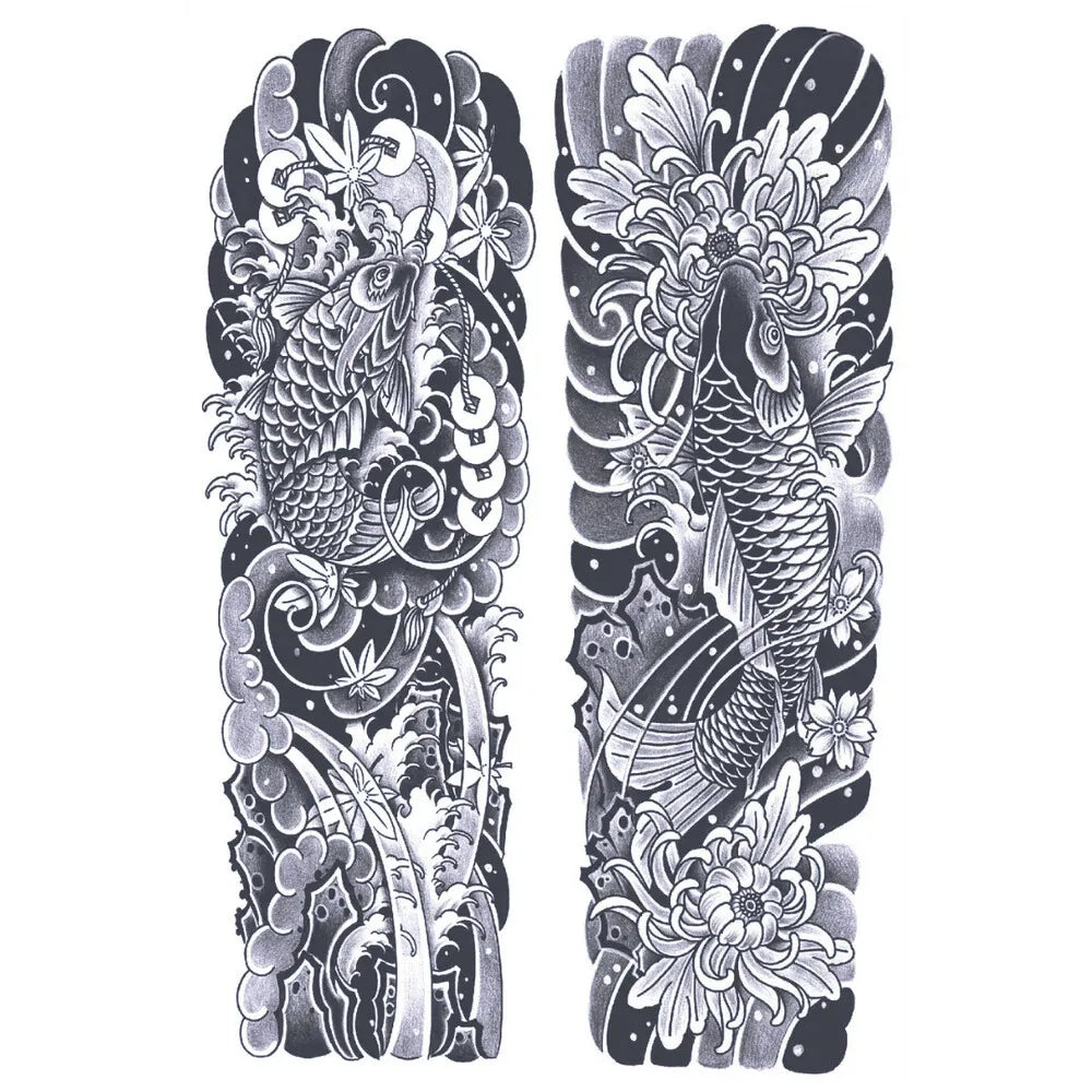 2 Sheets Fish Wave Sea Semi Permanent Sleeve Tattoos