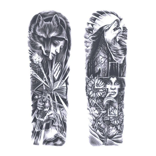 2 Blätter Wolf Pray Kreuz Halbpermanente Ärmel Tattoos 