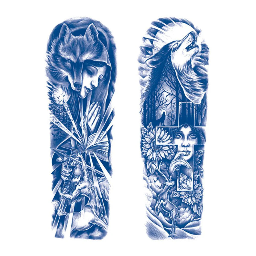 2 Blätter Wolf Pray Kreuz Halbpermanente Ärmel Tattoos 