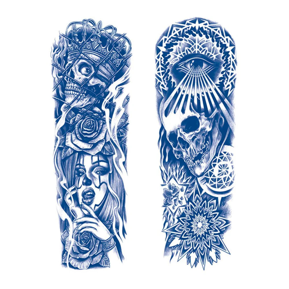 2 Blätter Schädel Auge Frau Halb Permanent Ärmel Tattoos 