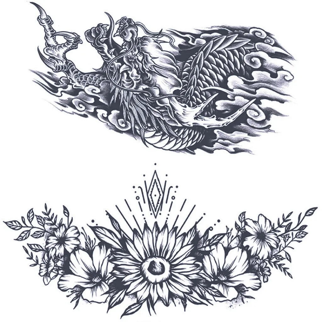 2 Sheets Dragon Flower Chest Shoulder Semi Permanent Tattoos
