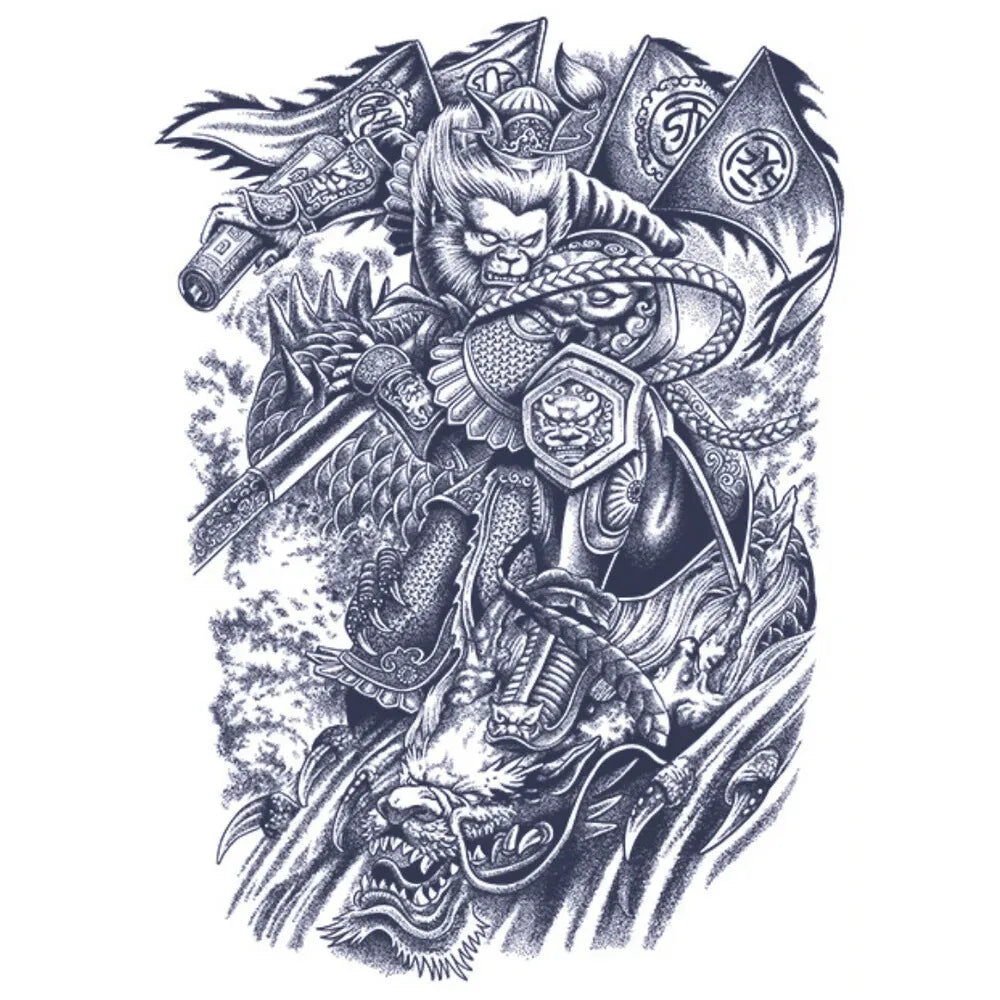 Monkey King Flags Full Back Semi Permanent Tattoos