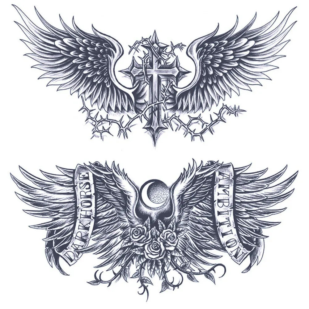 2 Sheets Moon Cross Wing Chest Shoulder Semi Permanent Tattoos