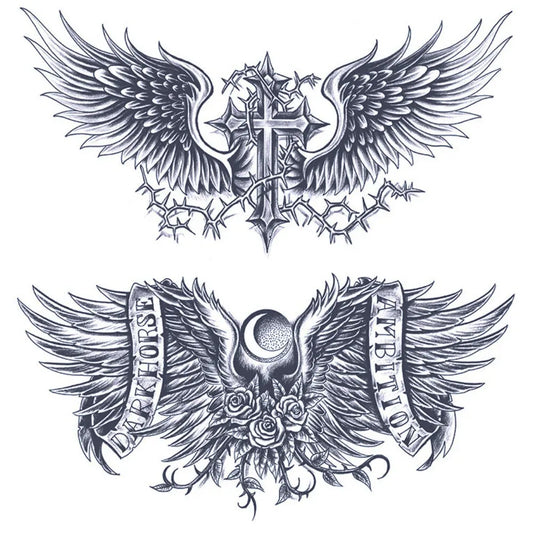 2 Sheets Moon Cross Wing Chest Shoulder Semi Permanent Tattoos