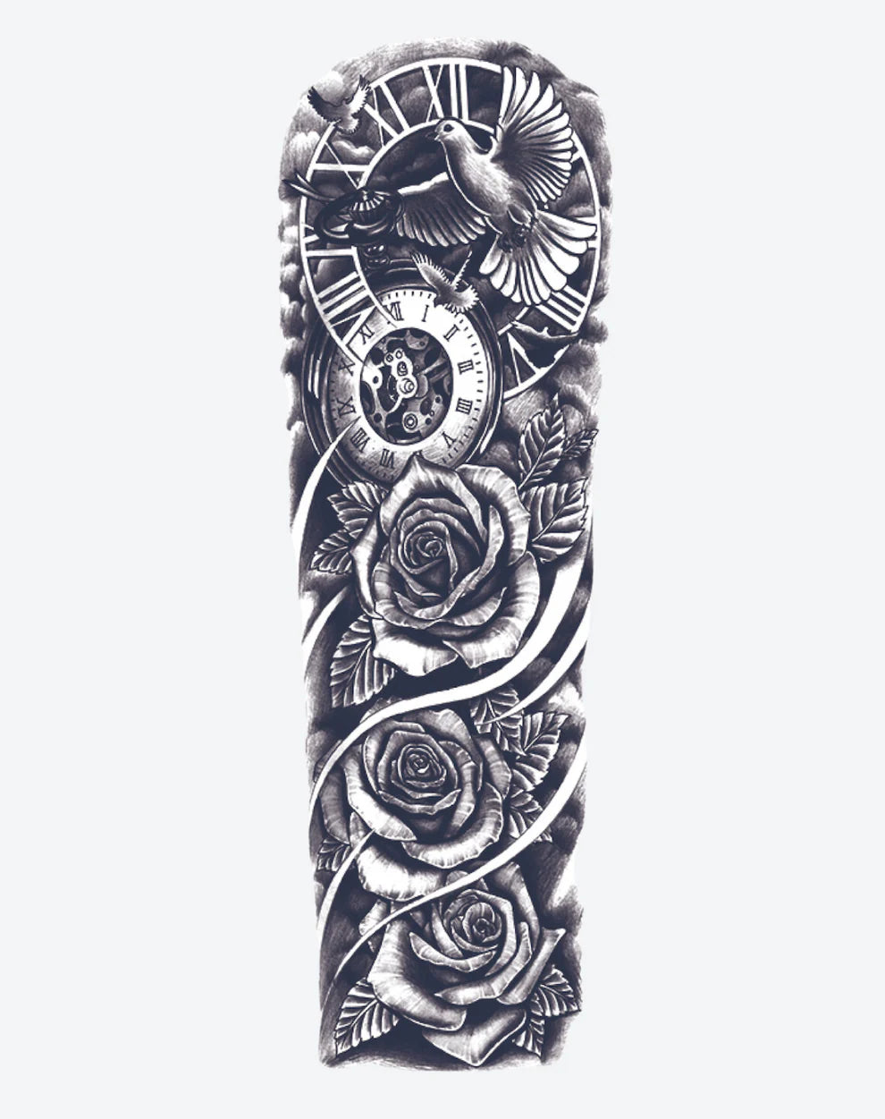 1 Sheet Dove, Clock & Roses Sleeve Full Arm Semi Permanent Tattoos
